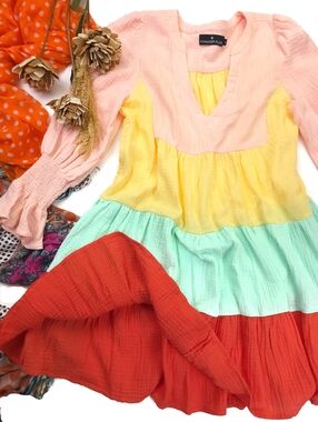 New Tuckernuck Pomander Place Colorblock Tiered Dress Pink Yellow Mint Red Sz S